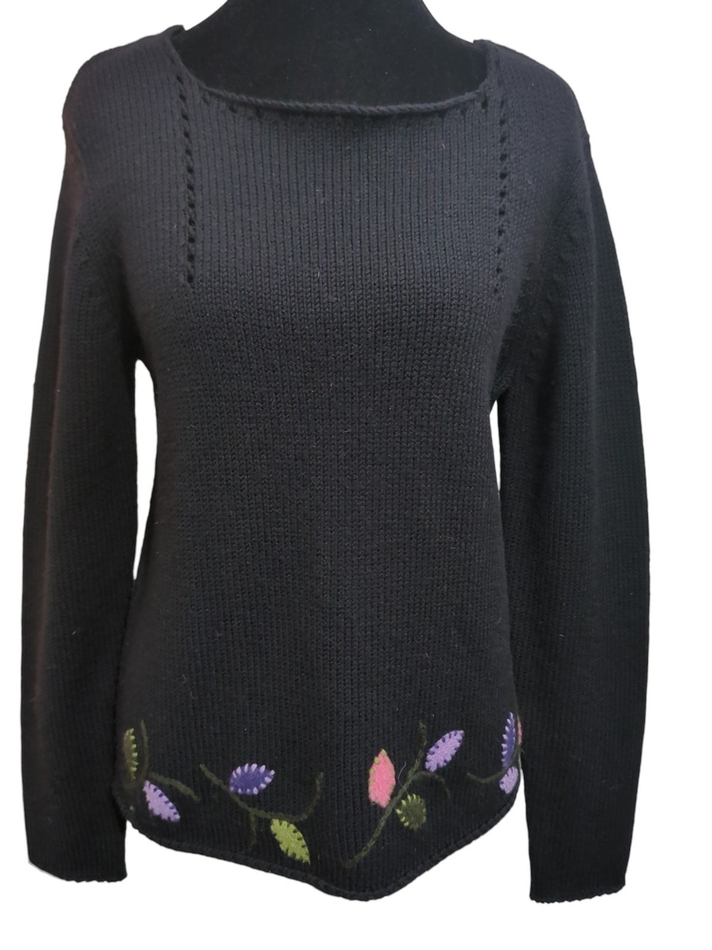 Women's Black Scoop Neck Sweater with Floral Hem